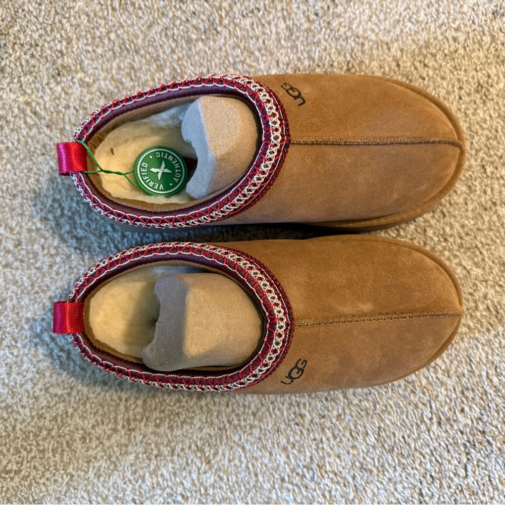 UGG Tan Slippers with Red Accent